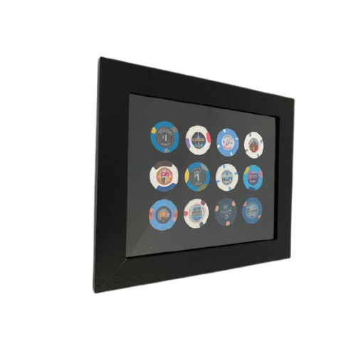Framed Poker Chip Display Board - 10" x 8" holds 12 chips Framed Poker Chip Display Board - 10" x 8" holds 12 chips